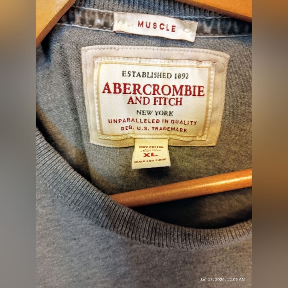 Abercrombie & Fitch Muscle Y2K Gray Long Sleeve shirt Moose Logo Vintage XL - Picture 4 of 10